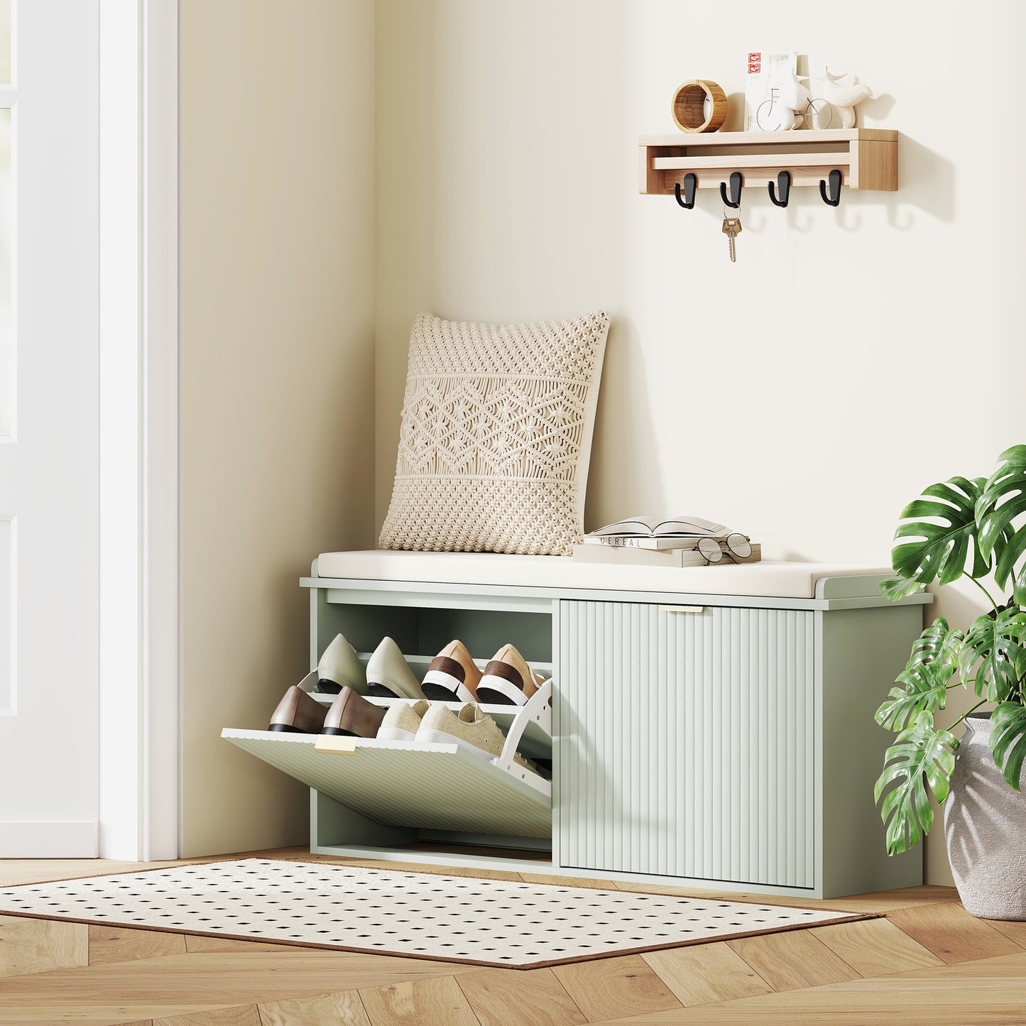 HOMCOM Green Elegant Ten Shoe Bench With Top Seat And Flip Drawer For Entryway Storage 240 Kg Capacity