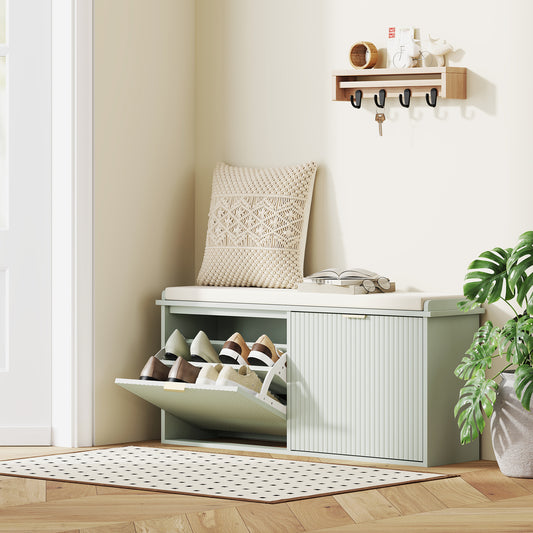 HOMCOM Green Elegant Ten Shoe Bench With Top Seat And Flip Drawer For Entryway Storage 240 Kg Capacity