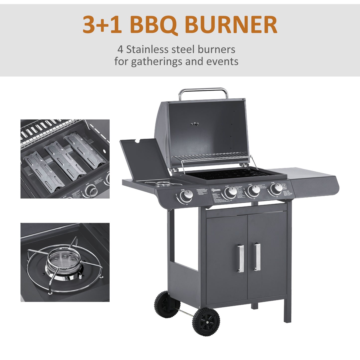 Outsunny 3 Plus 1 Burner Gas Bbq Grill With Trolley Wheels Cabinet Side Shelves Warming Rack And Thermometer