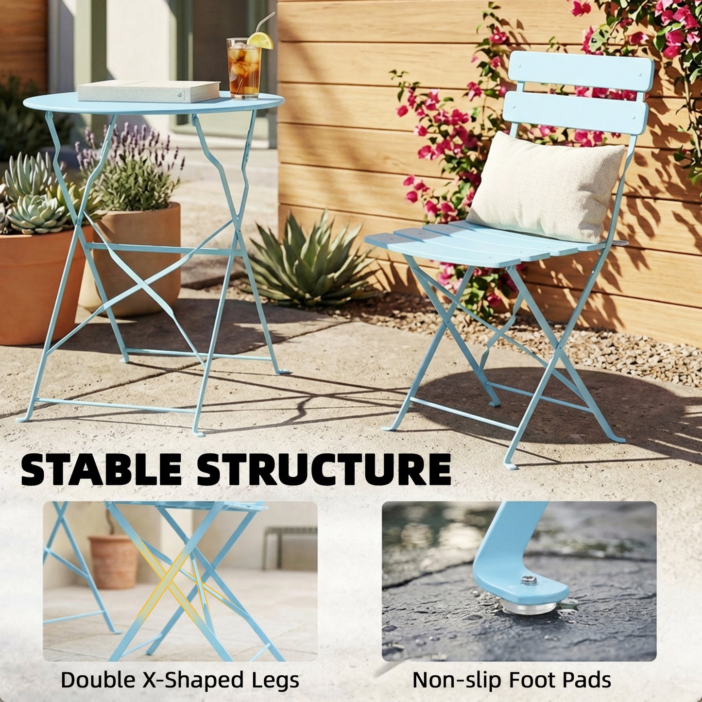 Outsunny Folding Garden Bistro Set for Two with Round Table and Chairs Electrophoresis Metal Frame Light Blue