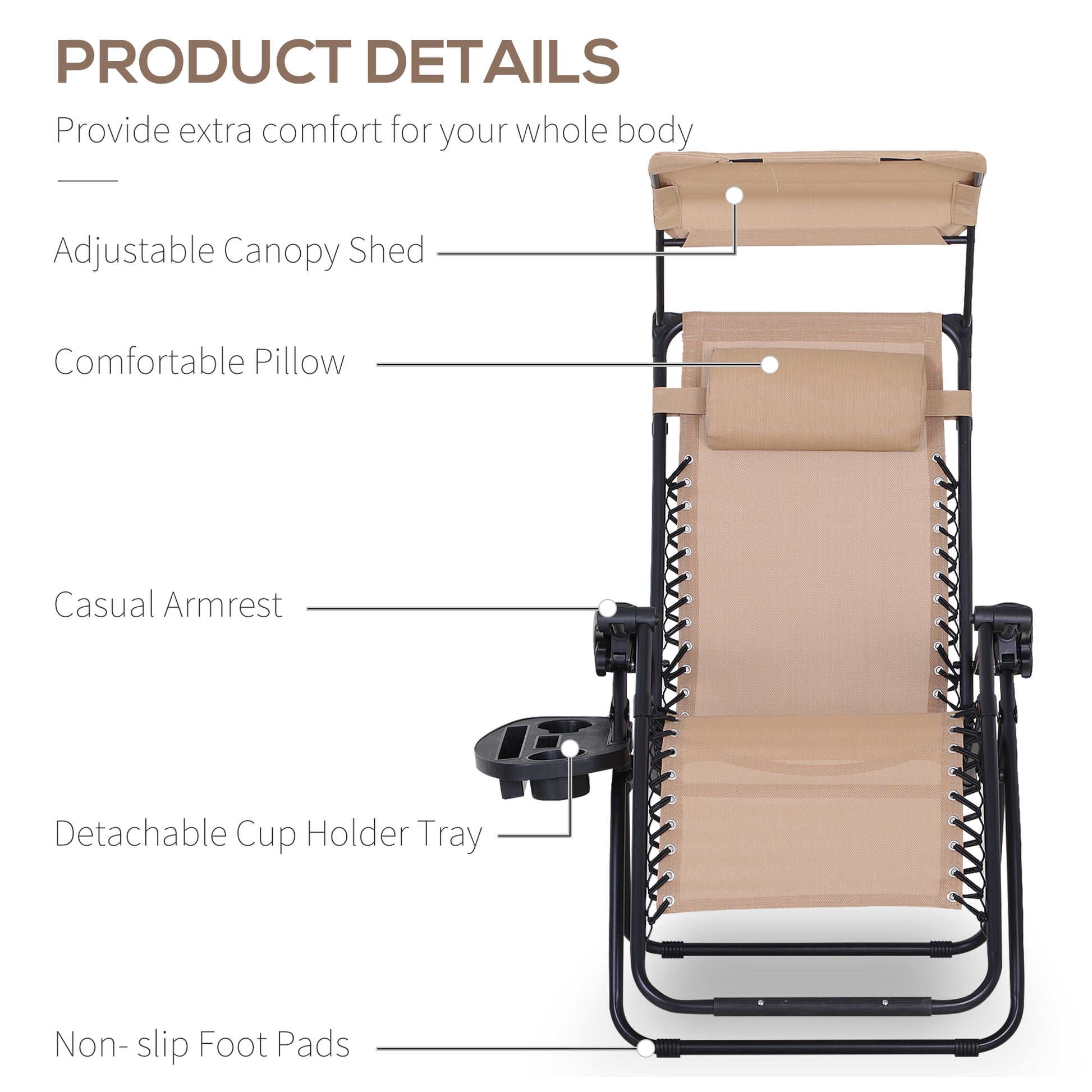 Outsunny Set Of 2 Adjustable Reclining Garden Chairs with Canopy, Footrest, and Side Tray - ALL4U RETAILER LTD