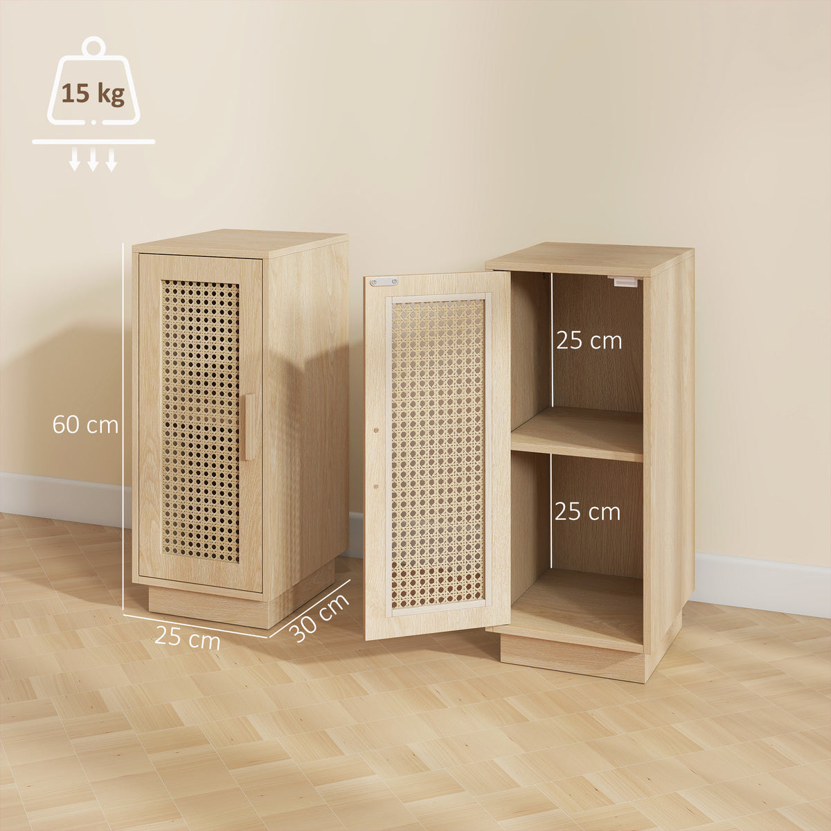 Slim rattan door nightstand showing side and open door with interior shelving