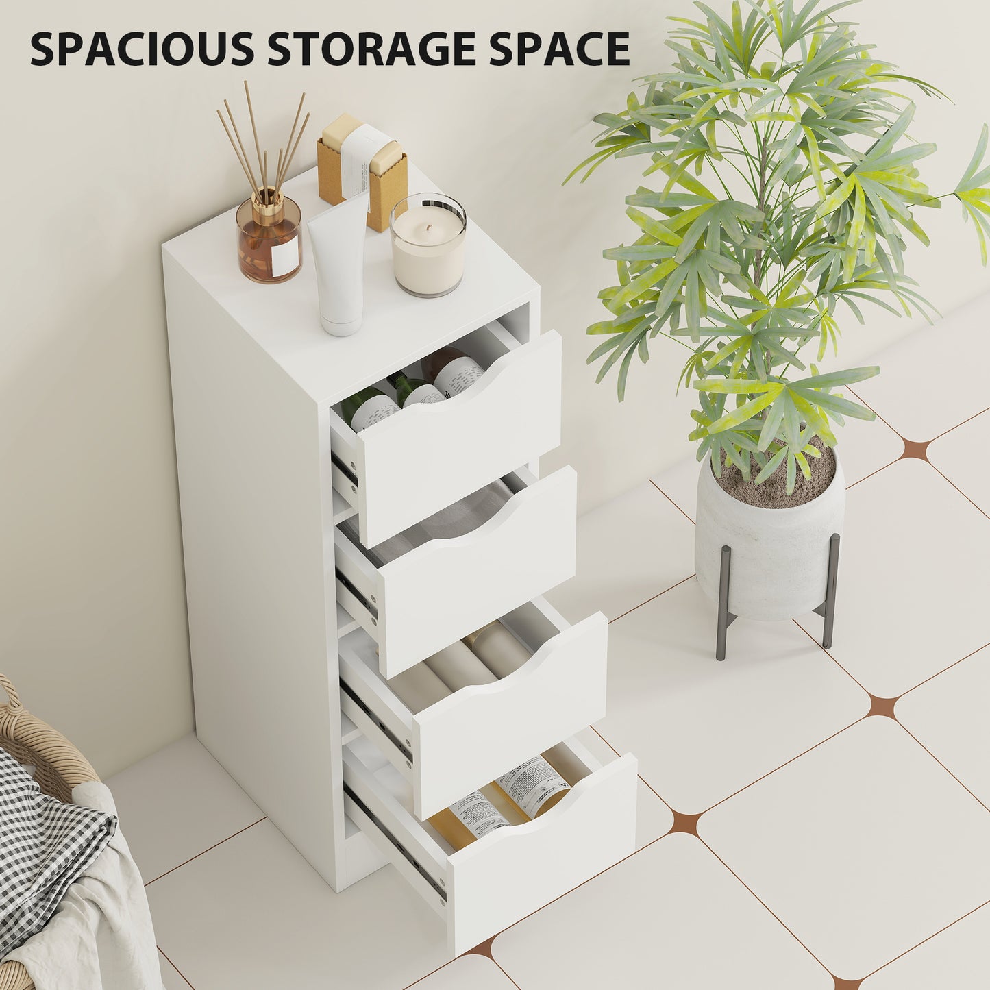 HOMCOM White 4 Drawer Bathroom Cabinet Freestanding Narrow Storage With Groove Handles For Small Spaces Nordic Style