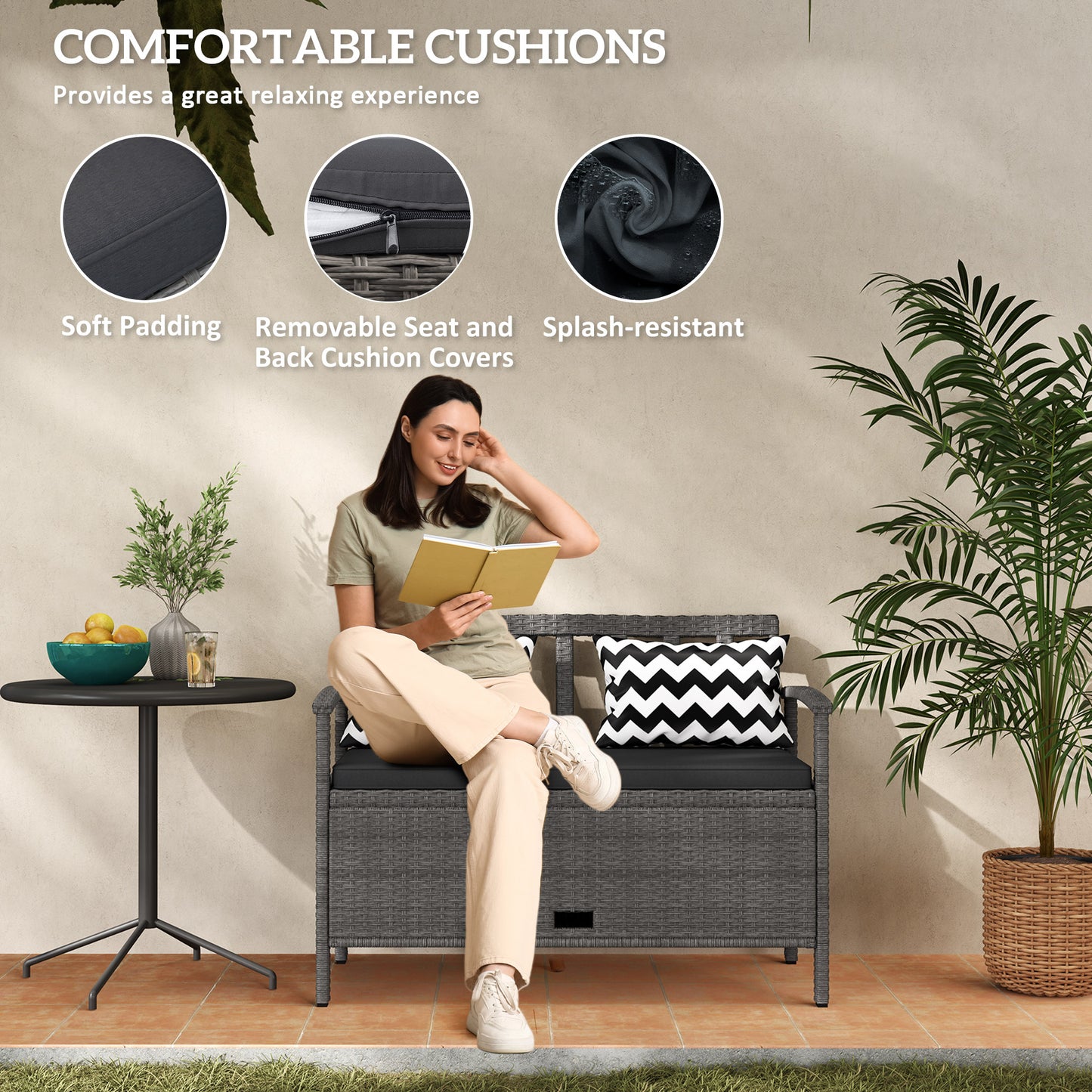 Outsunny 160L Storage Two Seater Rattan Bench Grey Outdoor Garden Patio Furniture With Under Seat Storage