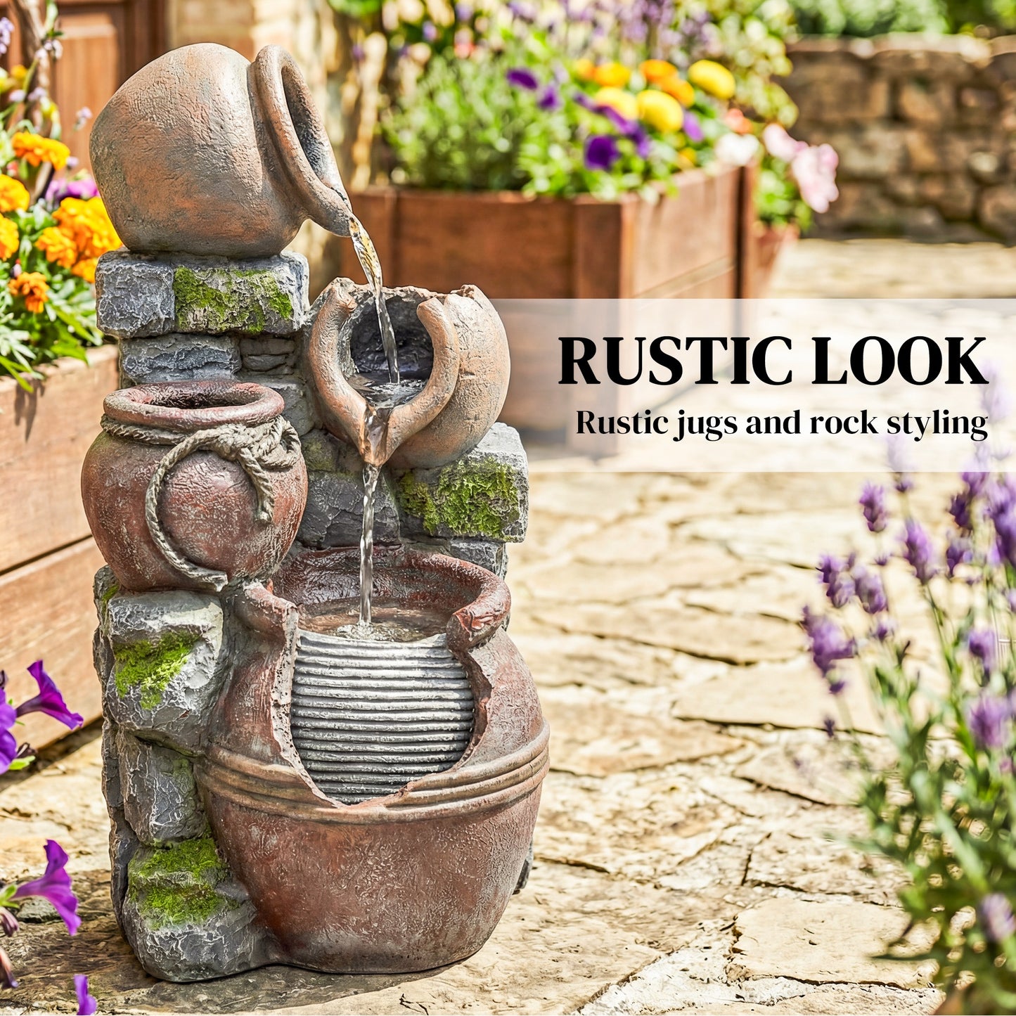 Outsunny 4-Tier Outdoor Fountain With Planter And LED Lights In Rustic Brown Garden Decor