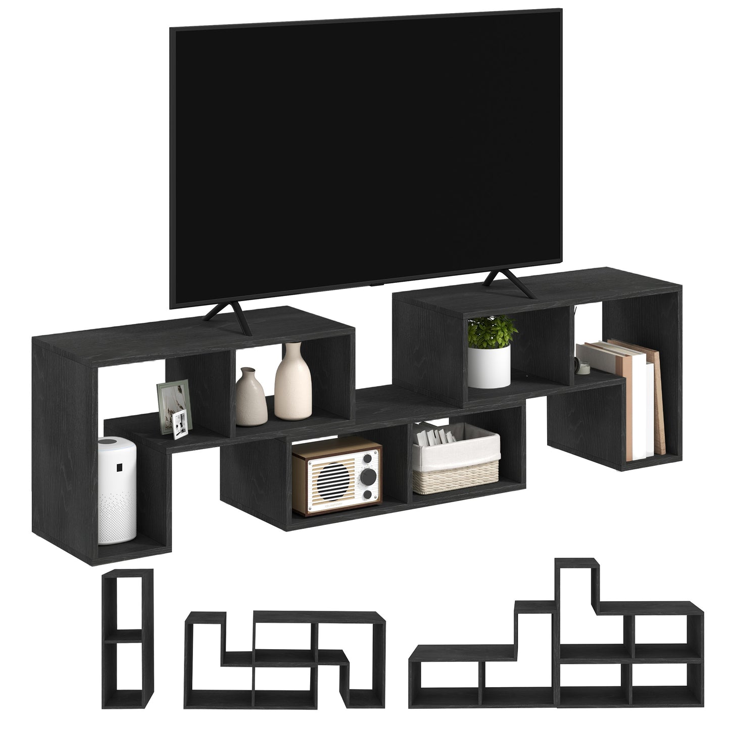 HOMCOM Three Block Modular TV Stand Black Wood Effect with Six Shelves for Up to 75 Inch Screens