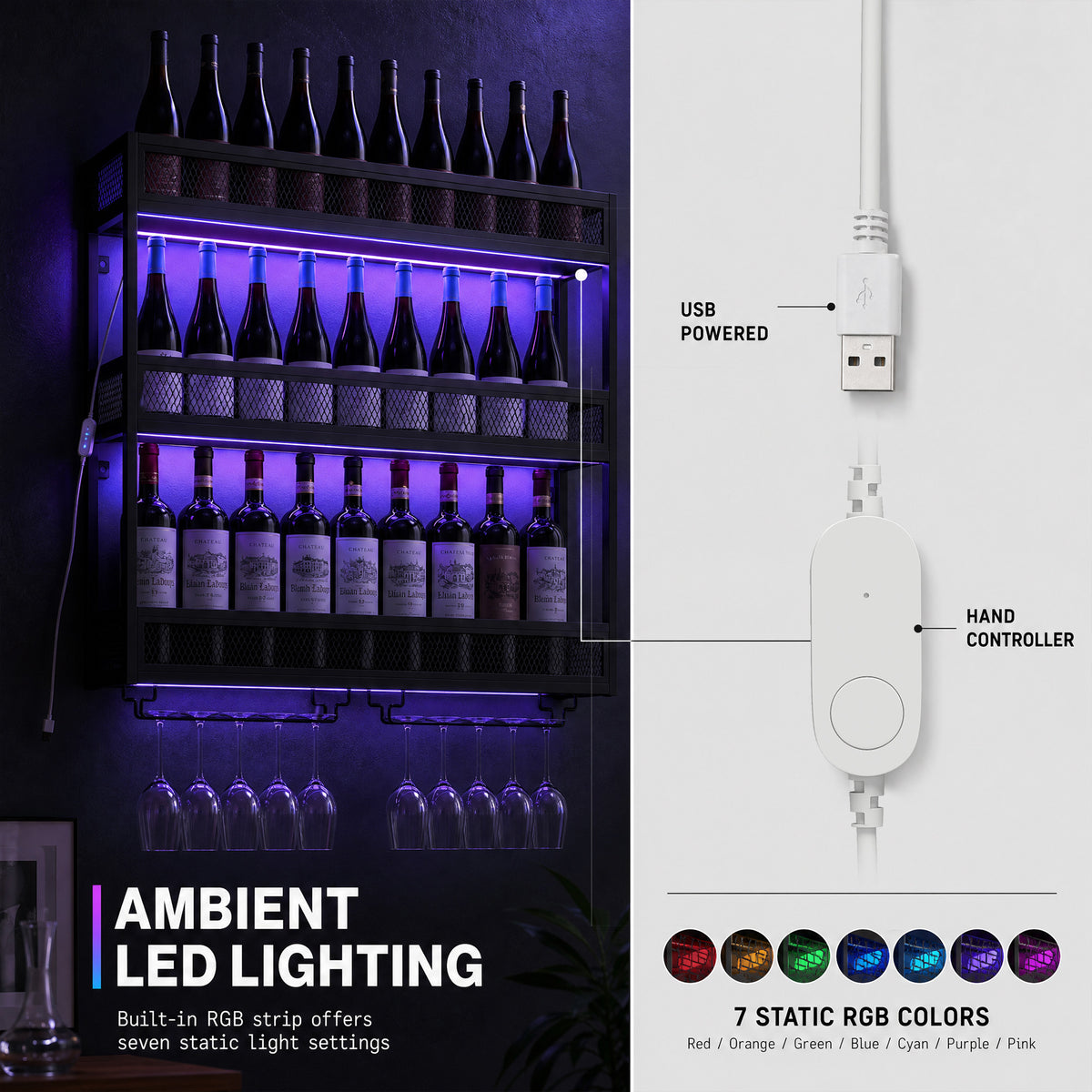 Homcom Wall Mounted Wine Rack With Led Lights And Six Glass Holders