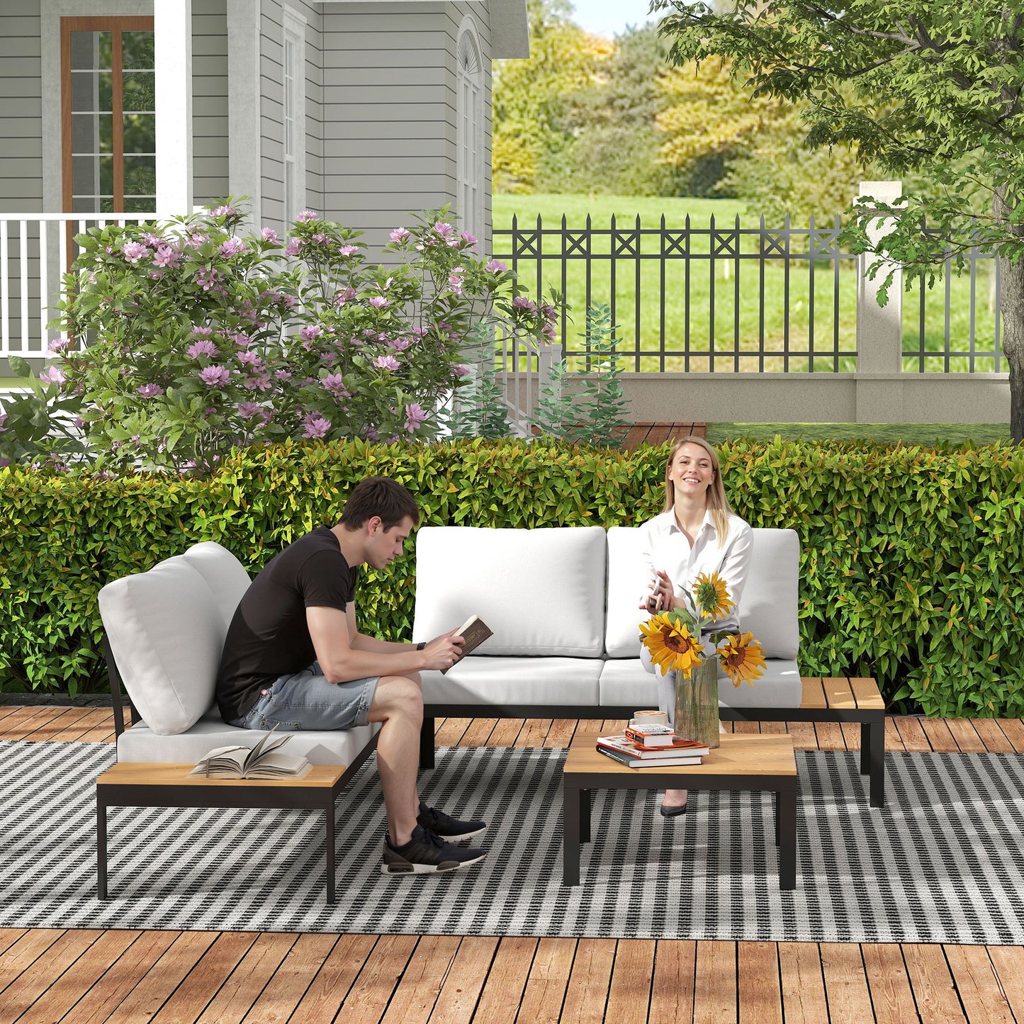 Outsunny Four Piece Garden Corner Sofa Set With Two Loveseats And Two Coffee Tables Teak Finish