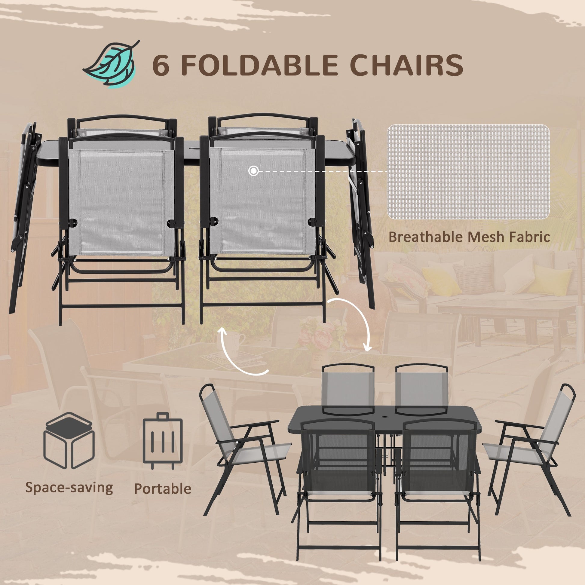 Outsunny 7-Piece Grey Outdoor Metal Dining Set with Folding Chairs and Tempered Glass Table for 6 - ALL4U RETAILER LTD