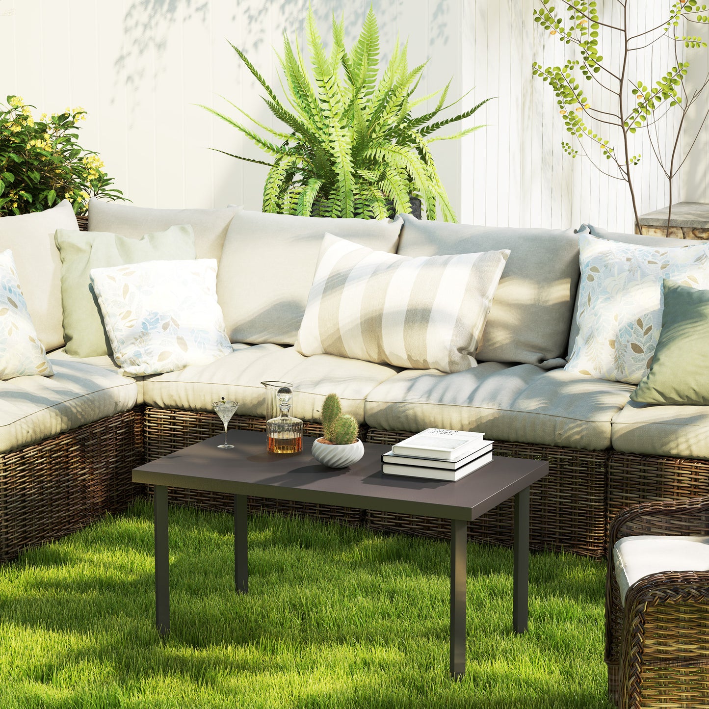 Metal Outdoor Garden Coffee Table With Woodgrain Top For Patio Balcony Porch 95 x 55 x 46 cm Brown