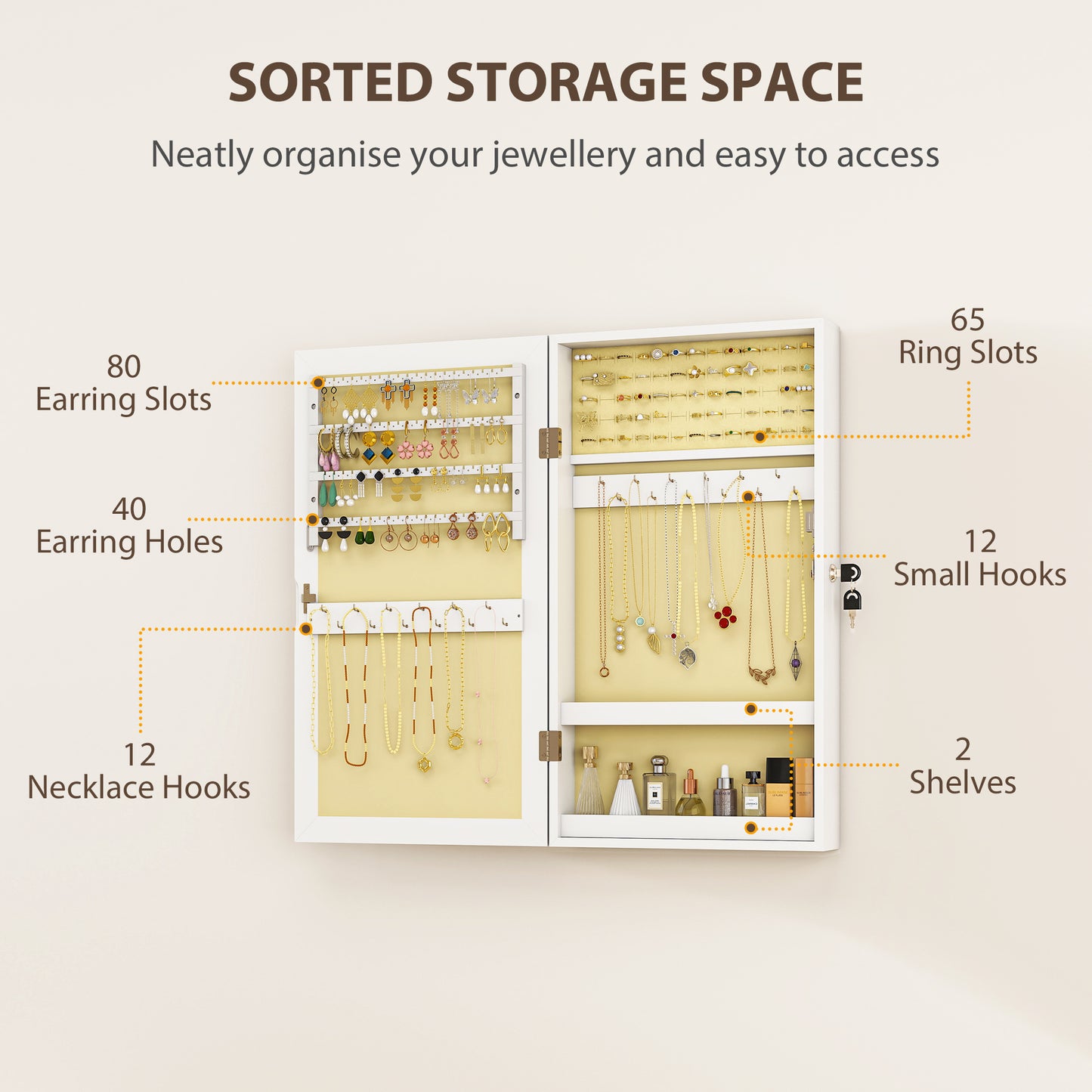 HOMCOM Jewelry Cabinet With Mirror White, Wall Mount Or Over The Door Jewelry Storage With Lock
