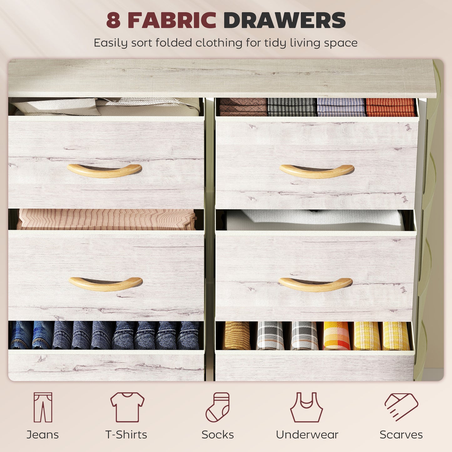 HOMCOM Chest Of Eight Fabric Drawers With Natural Wood Finish And Steel Frame Storage Organizer