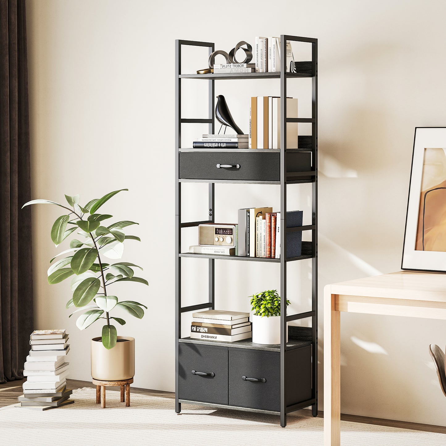 HOMCOM Industrial Style 4 Shelf Bookcase With 3 Fabric Drawers Grey And Black For Open Display