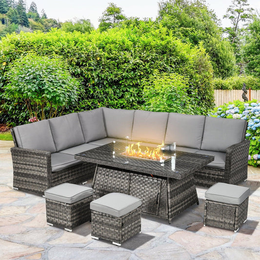 Outsunny 7 Pieces Rattan Garden Furniture Set w/ 50,000 BTU Gas Fire Pit Table - ALL4U RETAILER LTD