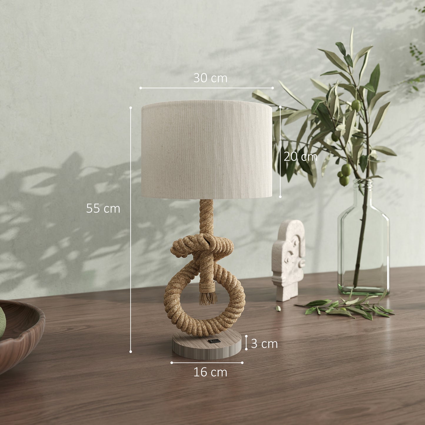 HOMCOM Nautical Table Lamps Set Of 2 With USB Port For Bedroom And Living Room Warm White LED Bulbs Included Hemp Rope