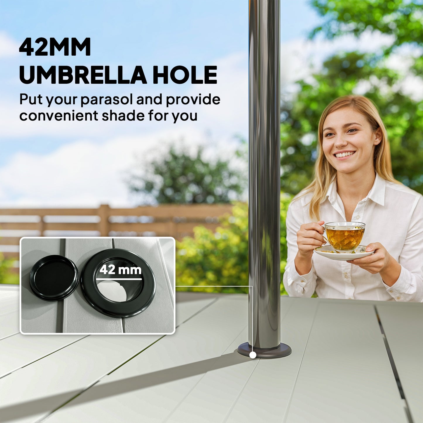 Outsunny Rectangle Garden Table With Parasol Hole For Outdoor Dining For 6 Seats 150cm By 90cm Light Grey Patio Balcony