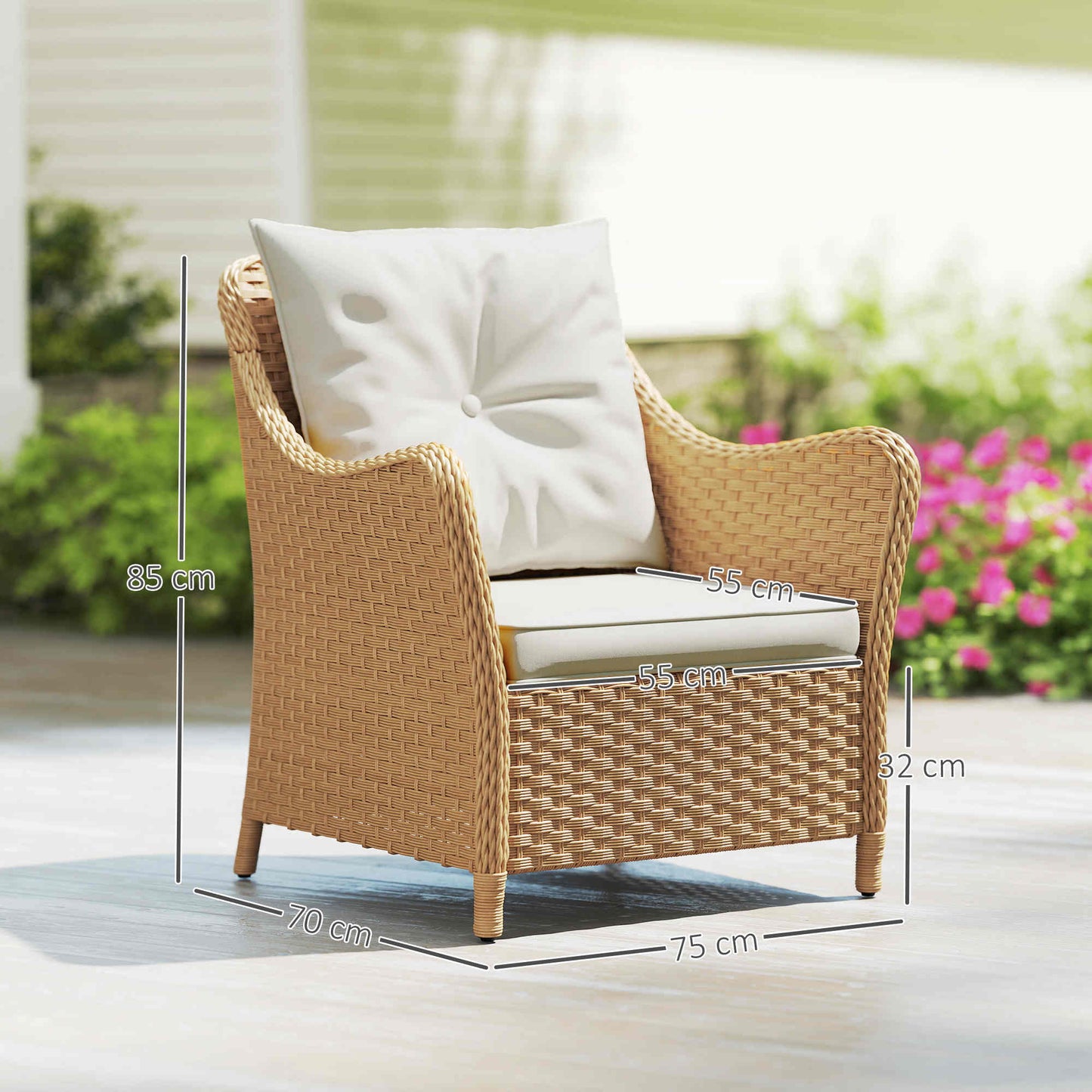 Outsunny Rattan Garden Chairs Set Of 2 With Cushions Armrests High Back PE Wicker Steel Frame For Balcony Porch Beige