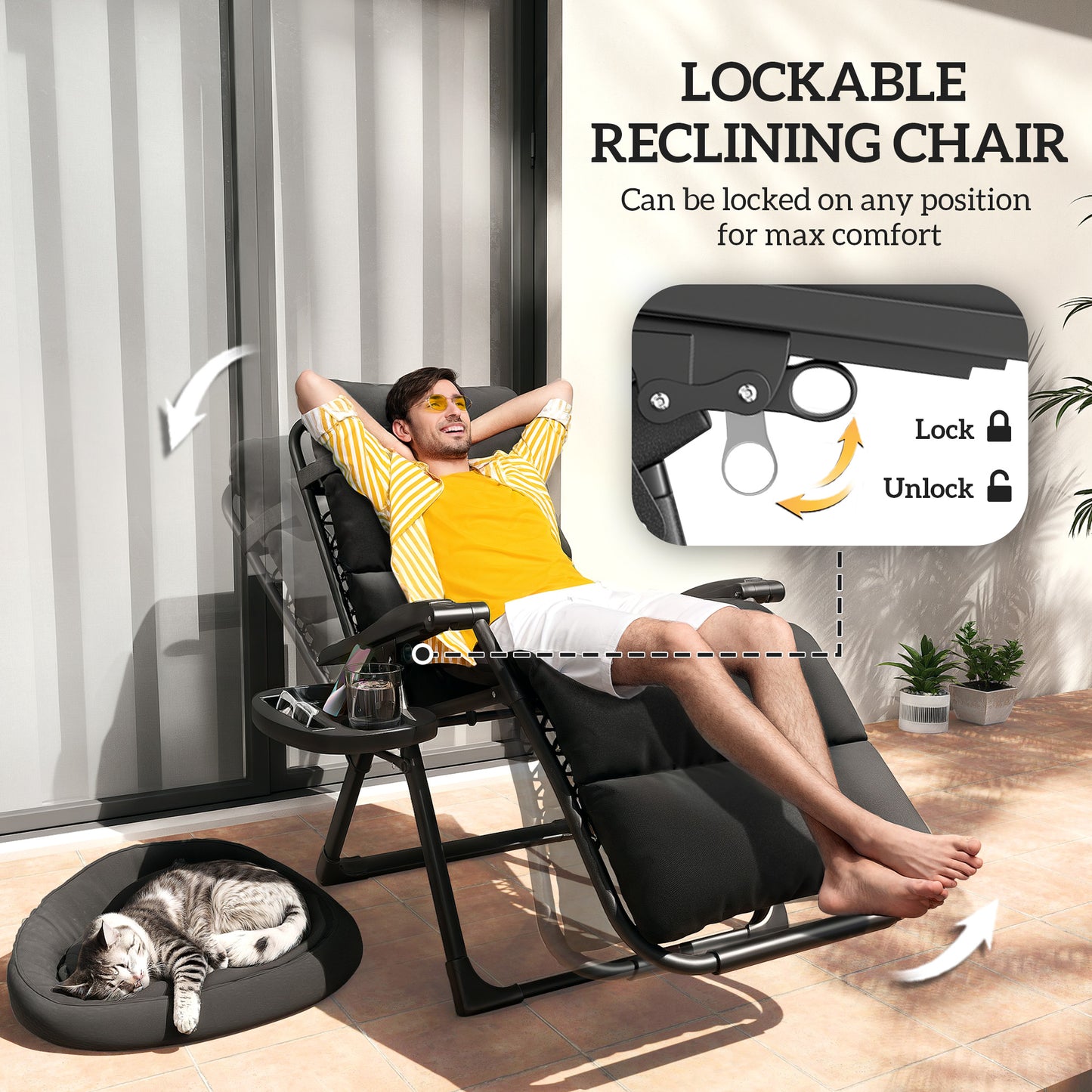 Outsunny Set of Two Reclining Sun Loungers With Cushions Black Outdoor Zero Gravity Patio Chairs