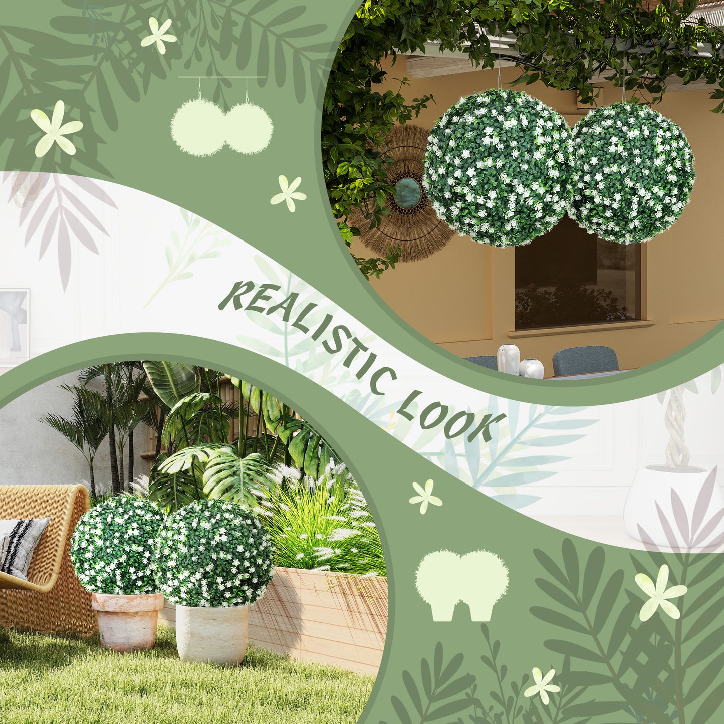 HOMCOM Set of Two Artificial Boxwood Balls White for Indoor or Outdoor Decor Realistic Thick Plastic