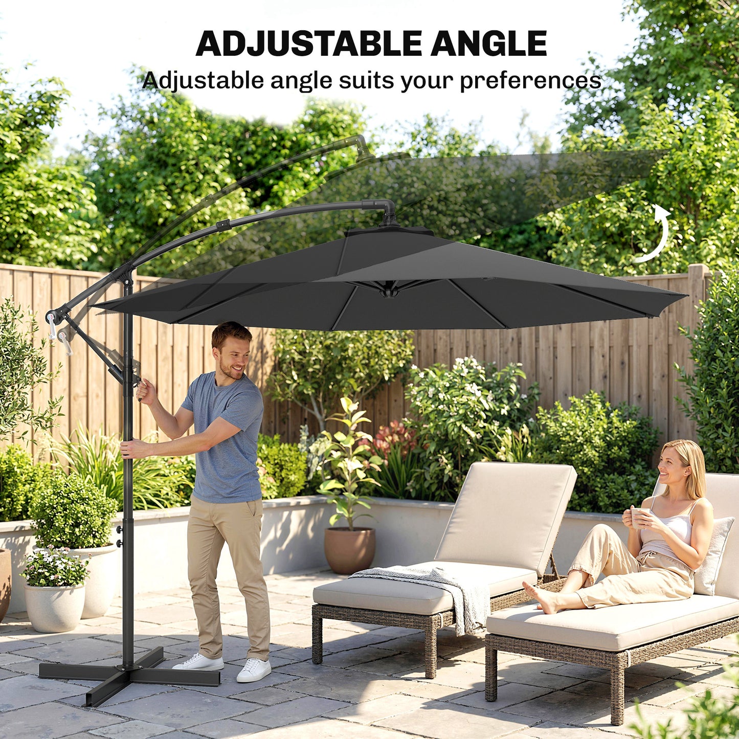 Outsunny 3m Overhanging Cantilever Parasol With Cross Base Grey For Patio And Garden Sun Shade 8 Rib Thick Fabric Canopy