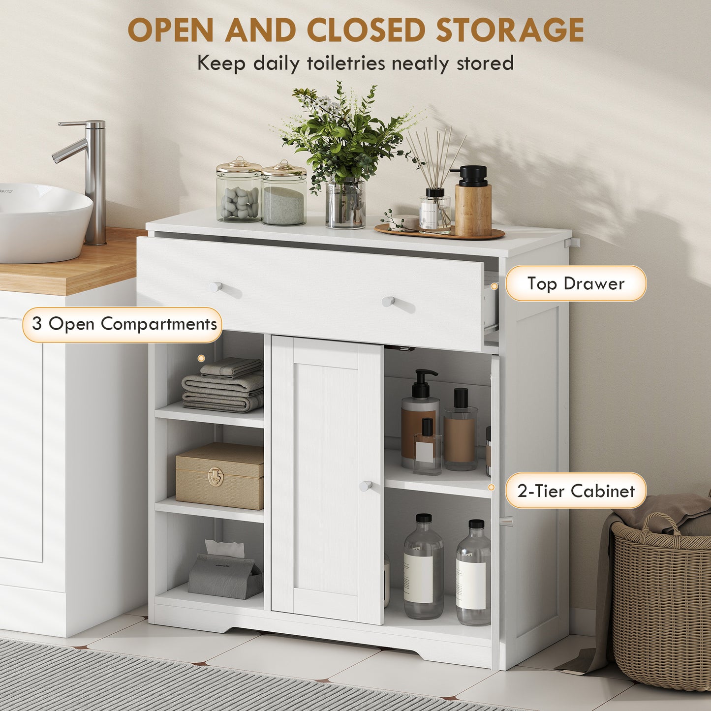 Homcom Freestanding White Bathroom Floor Cabinet With Drawer