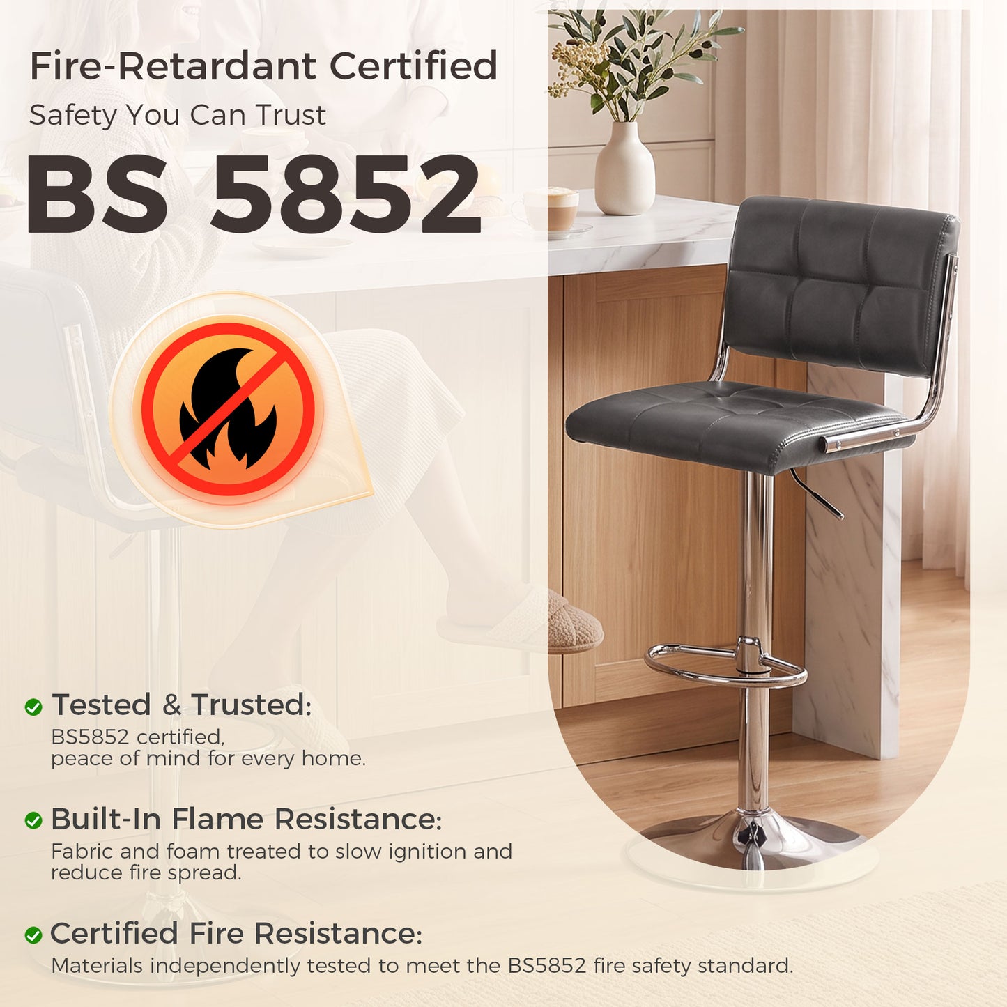 Grey PU bar stool with backrest and chrome base, fire-retardant certified
