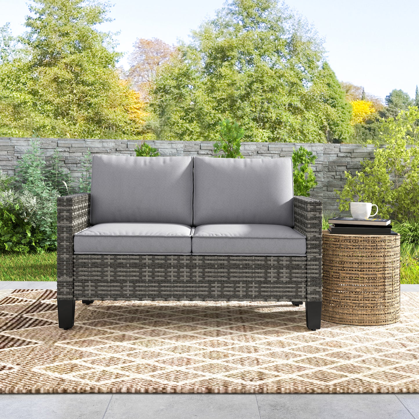 Outsunny Two Seater Rattan Outdoor Sofa Dark Grey With Thick Cushions And Adjustable Feet