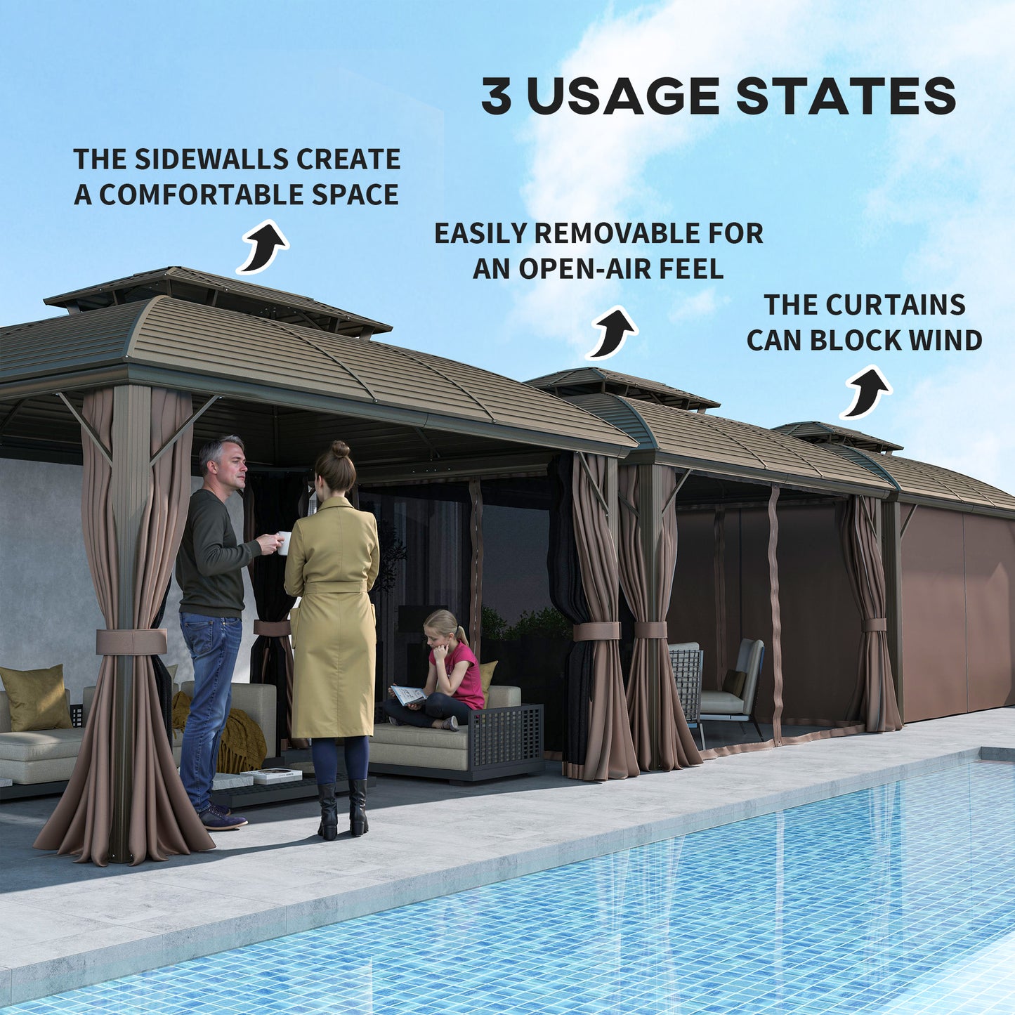 Outsunny 3.65m X 3m Hardtop Steel Gazebo Canopy With Aluminium Frame Double Roof Net Sidewalls And Curtains Coffee