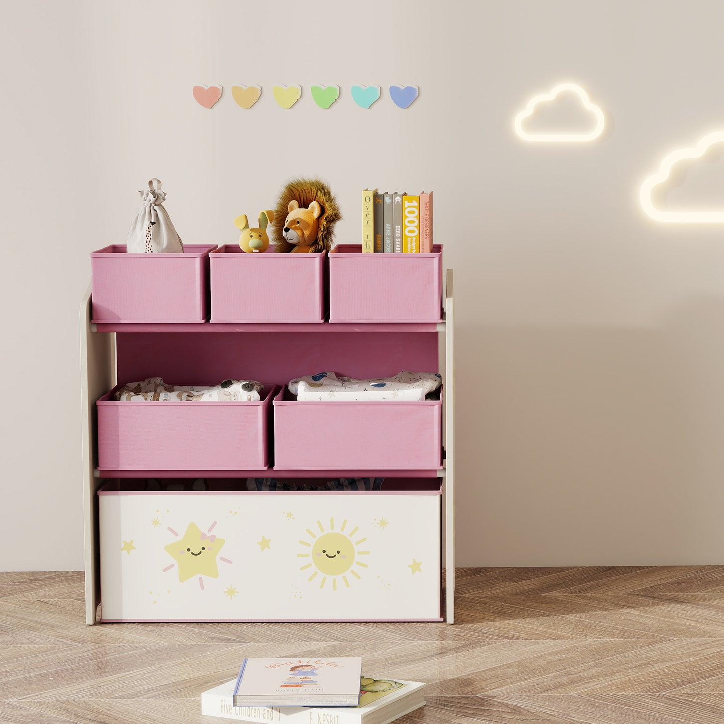 AIYAPLAY Kids Toy Storage Units 3 Tier Organiser Shelf With 6 Removable Boxes For Kids Bedroom Playroom Pink