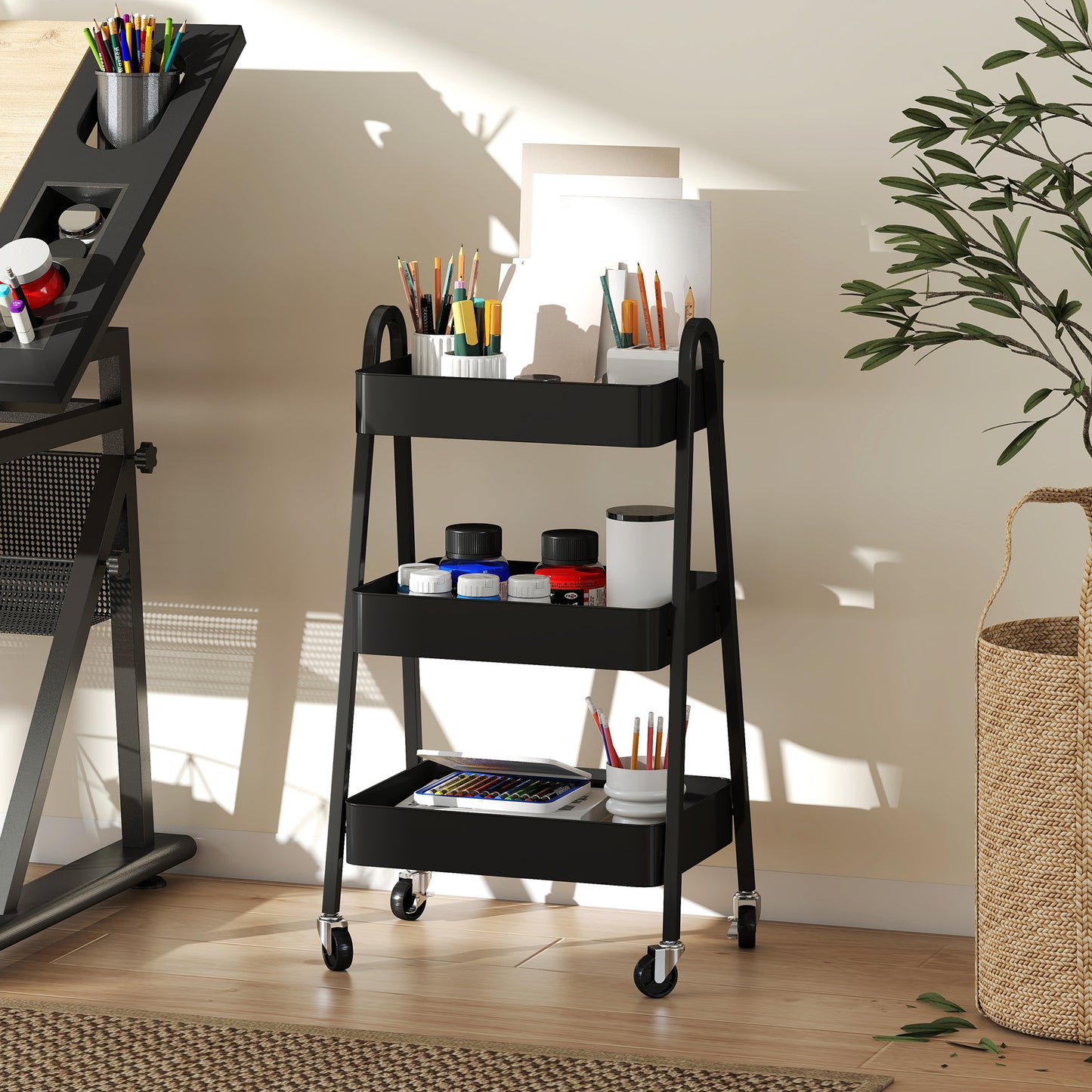 HOMCOM Three Tier Storage Trolley On Wheels With Mesh Bottom Trays For Kitchen Home Office Black