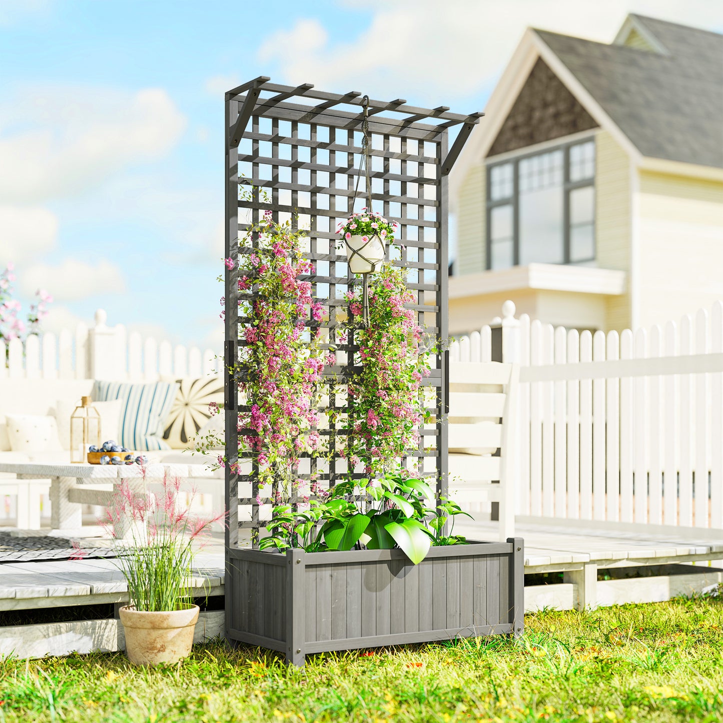 Outsunny Raised Bed Planter With Trellis For Climbing Plants Drainage Holes Dark Grey Fir Wood Planter