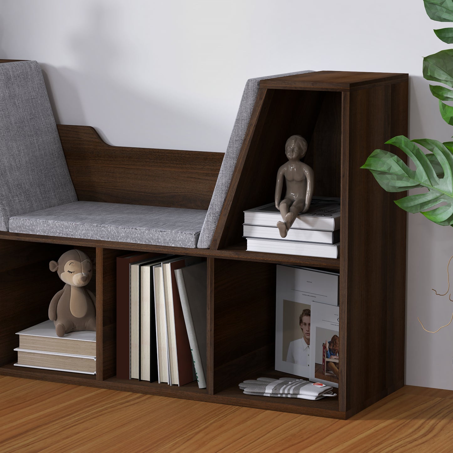 HOMCOM Cube Bookshelf Organizer With Cushioned Reading Seat Storage Shelf Chestnut For Bedroom And Living Room