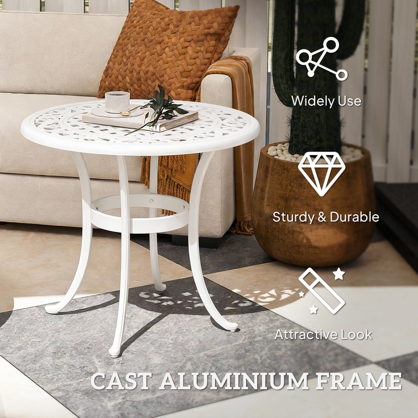 Outsunny 60 cm Round Garden Table Cast Aluminium Outdoor Patio Table White Elegant Cutout Top