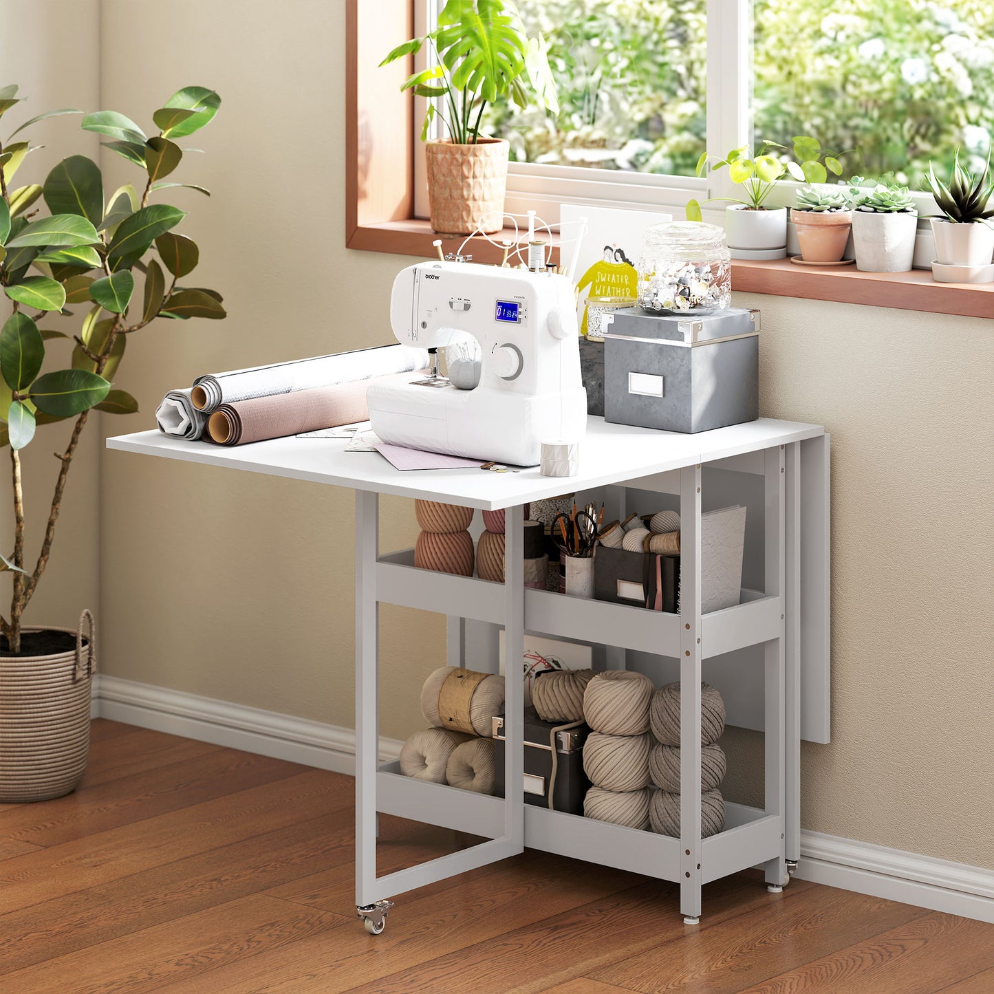 HOMCOM Four Person Drop Leaf Dining Table In White With Metal Frame And Sturdy Particle Board Panels