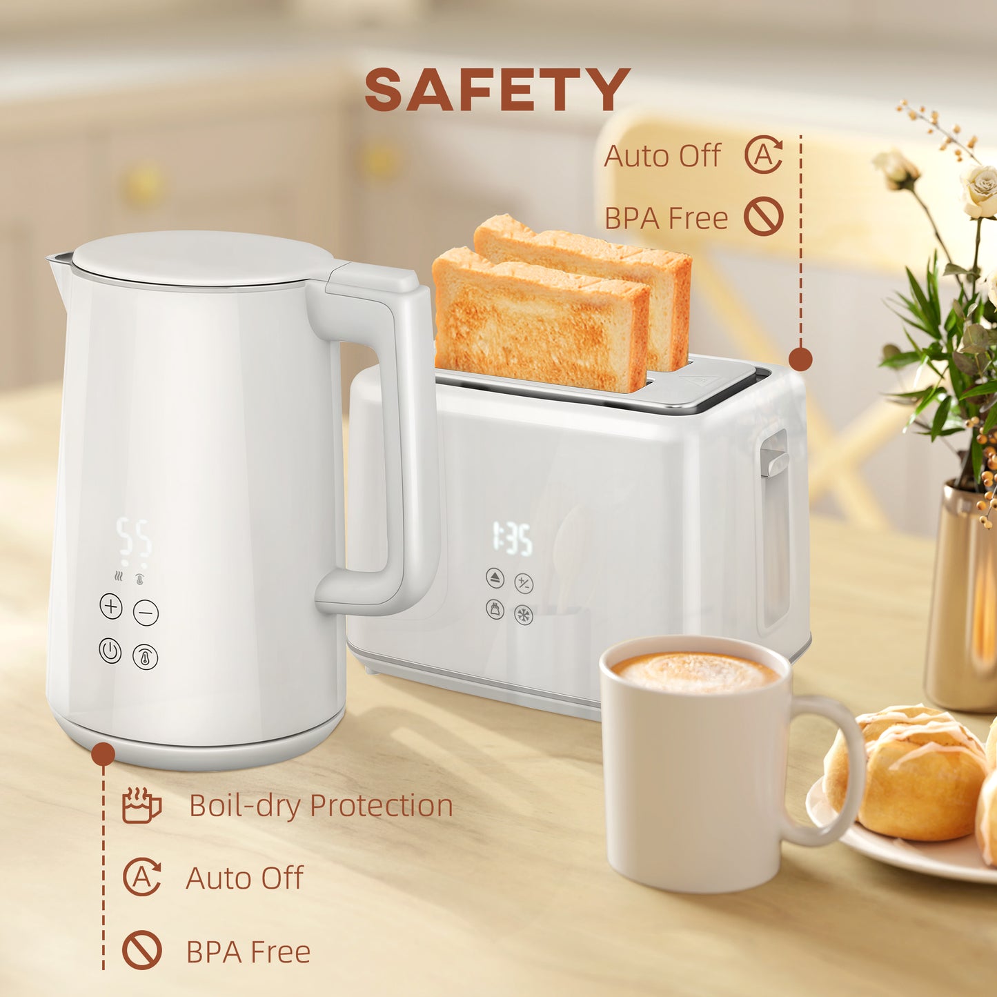 HOMCOM Polished Stainless Steel Kettle and Toaster Set in White 3000W Kettle and 2 Slice Toaster