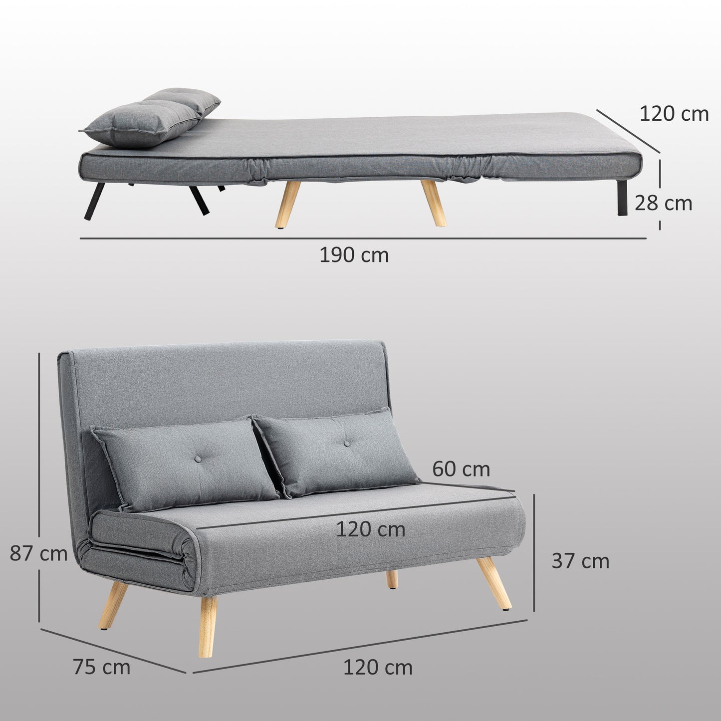 HOMCOM Two Seater Linen Look Sofa Bed in Grey With Click Clack Mechanism For Daybed Or Guest Sleeper