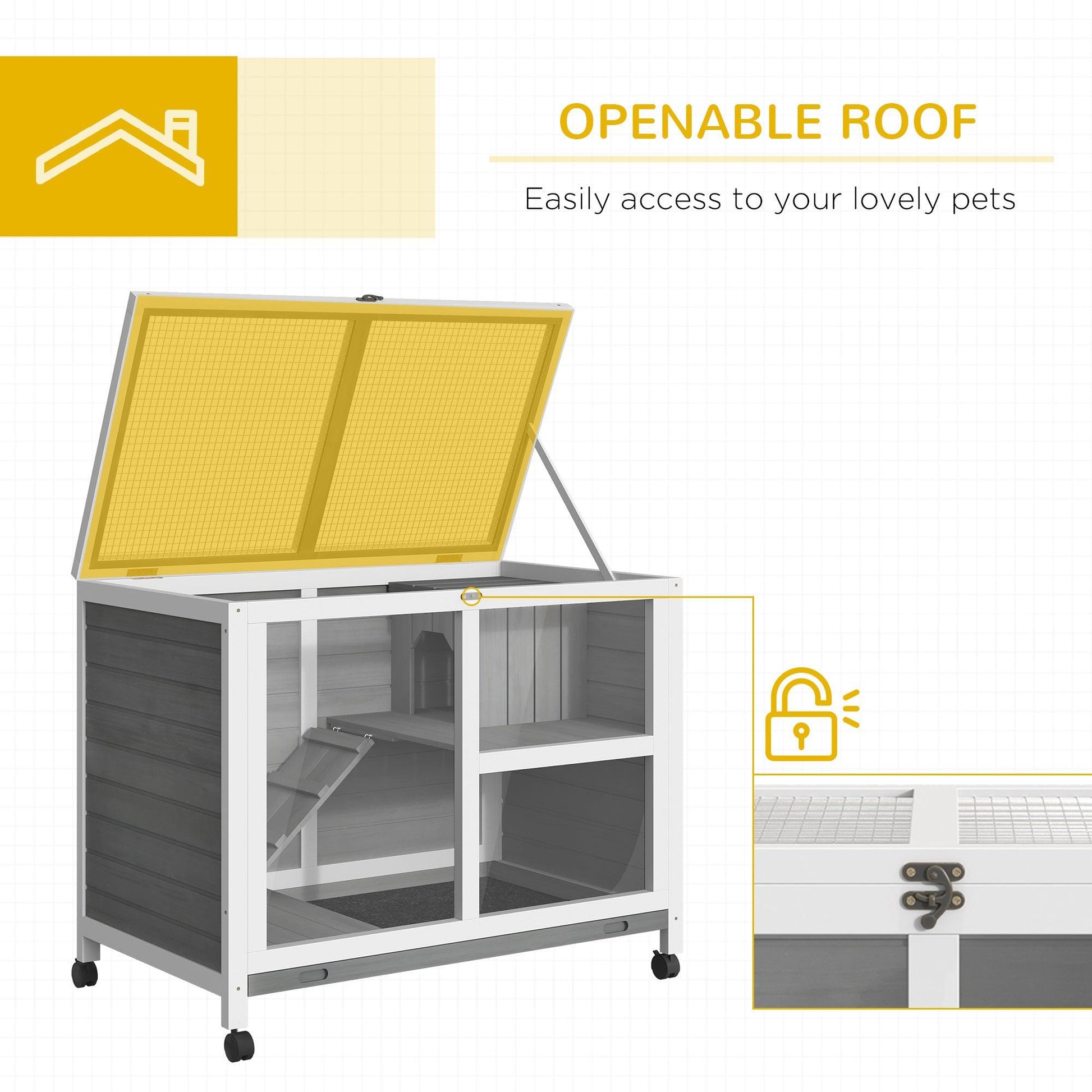 PawHut Wooden Rabbit Hutch with Pull-out Tray and Openable Roof - 91.5 x 53.3 x 73 cm - ALL4U RETAILER LTD