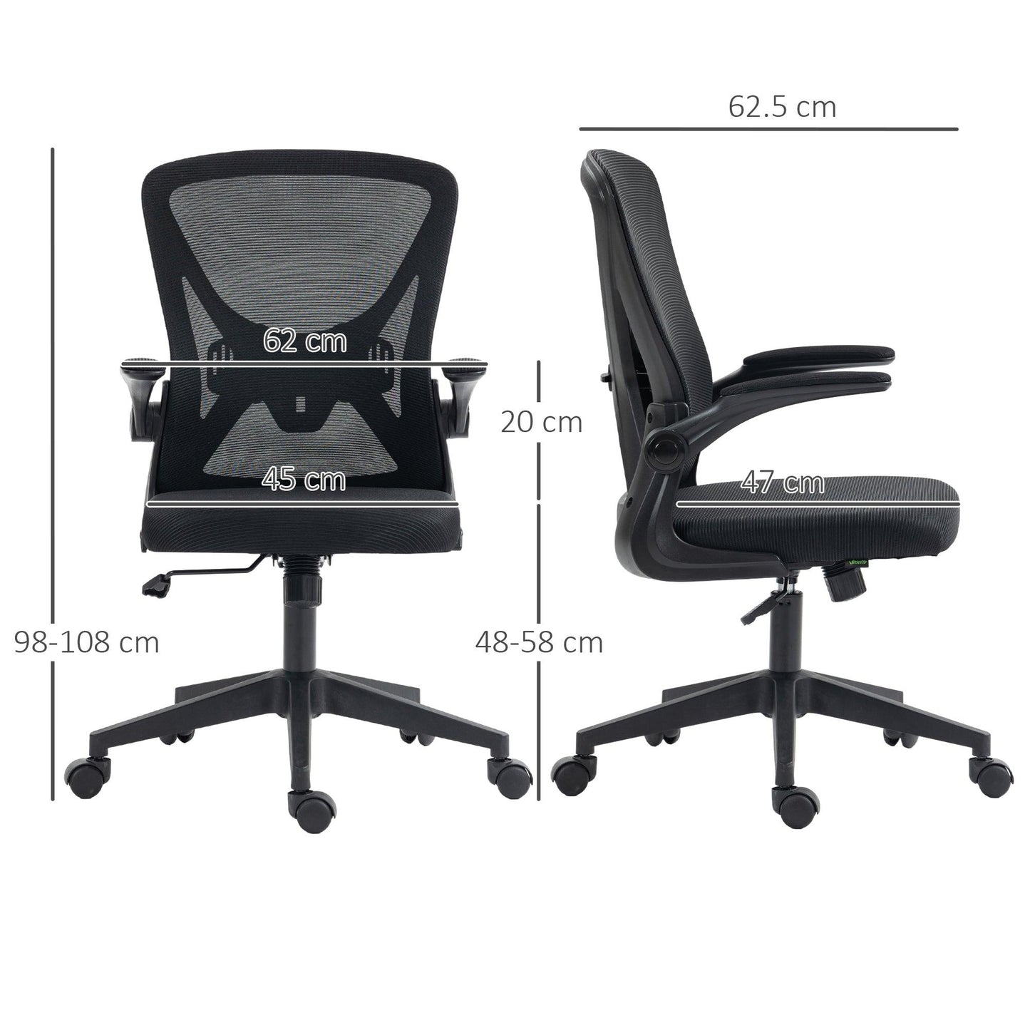 Vinsetto Mesh Office Chair with Flip-up Armrests, Ergonomic Computer Desk Chair with Lumbar Support and Swivel Wheels, Black - ALL4U RETAILER LTD