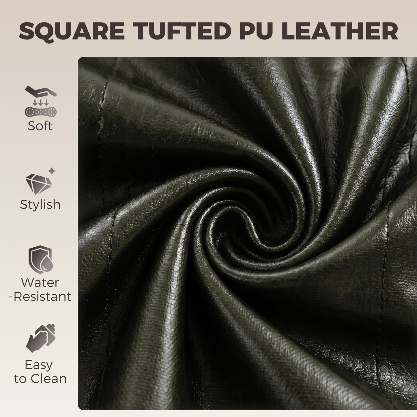 Close-up of green tufted PU leather upholstery on a bar stool backrest