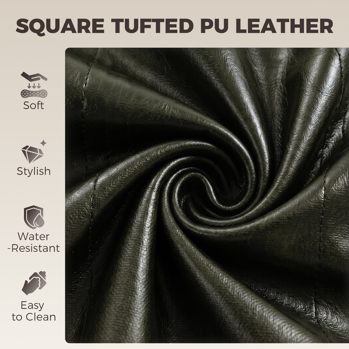 Close-up of green tufted PU leather upholstery on a bar stool backrest