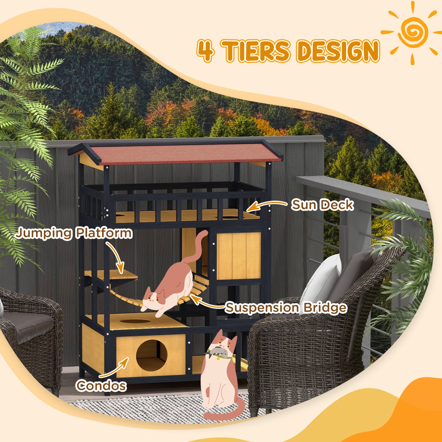 PawHut Multi-Level Outdoor Cat Playground with Suspension Bridge and Escape Routes - ALL4U RETAILER LTD