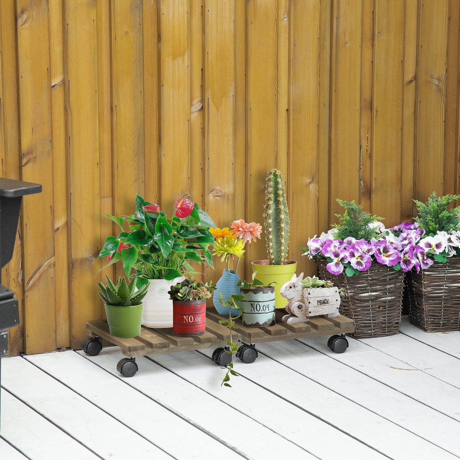 Outdoor wooden plant stands with wheels, display shelf for potted flowers
