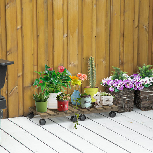 Outsunny Outdoor Wooden Plant Stands on Wheels - Set of 2, Versatile Flowerpot Holders for Home and Garden - ALL4U RETAILER LTD