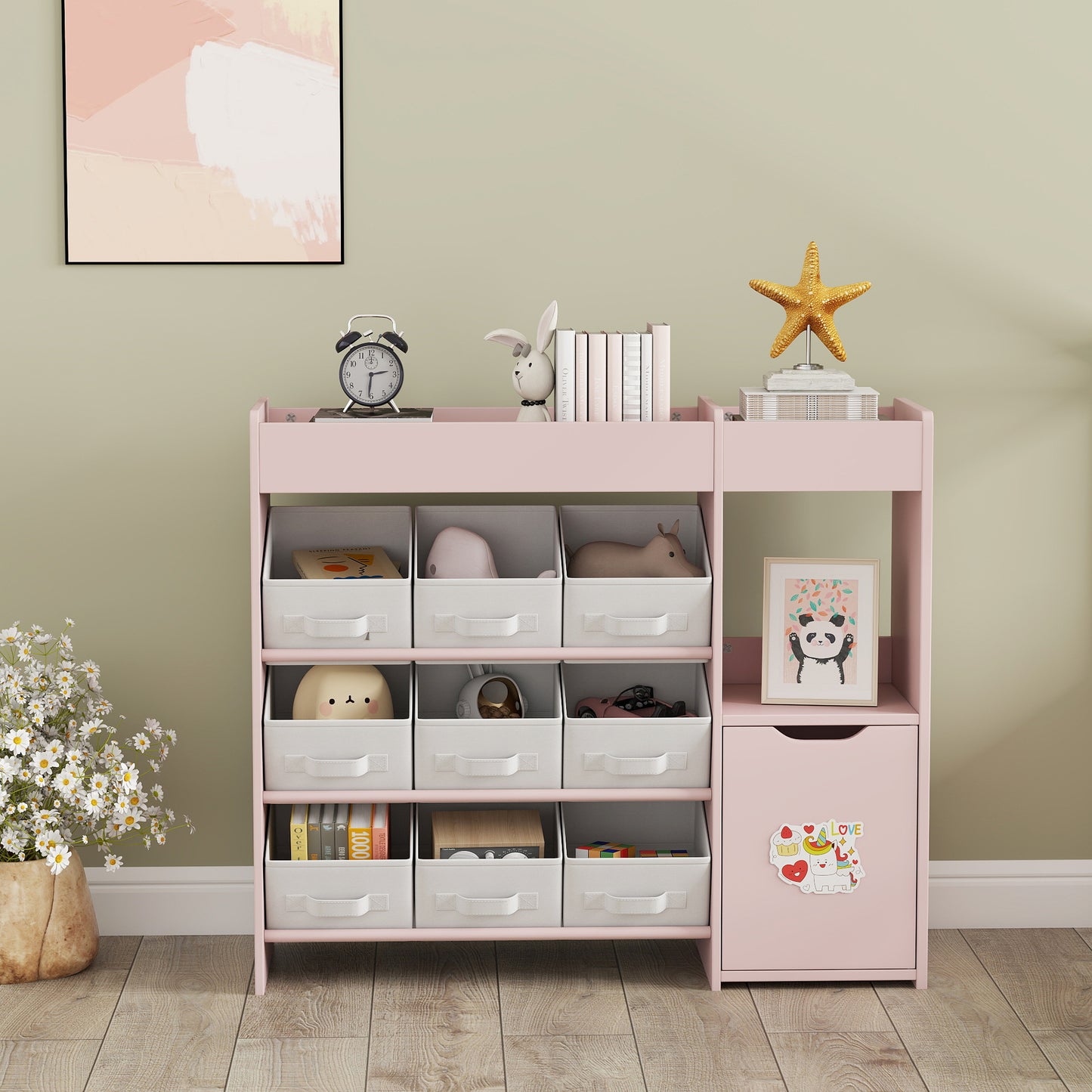 AIYAPLAY Kids Toy Storage With 9 Removable Fabric Bins Wooden Storage Unit For Toys And Books Pink Nursery Bedroom