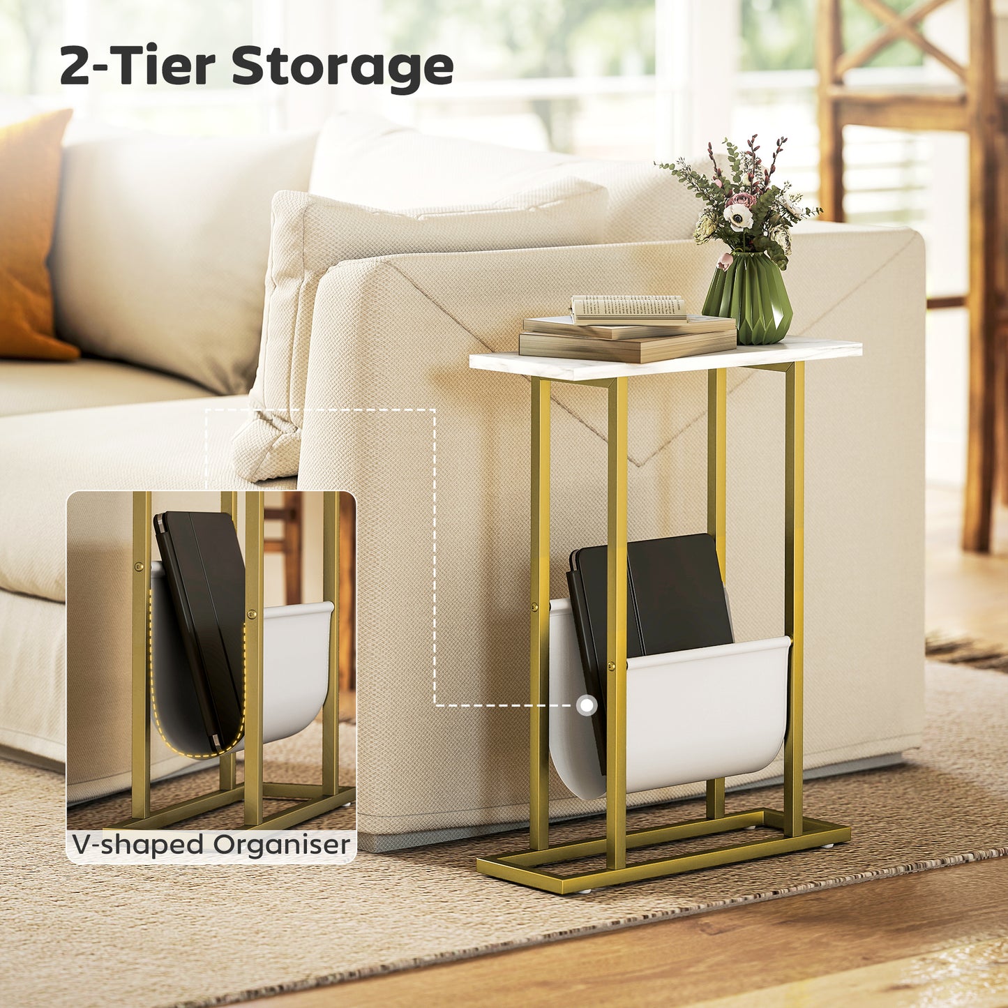 HOMCOM Narrow Side Table With Magazine Holder End Table For Small Spaces Living Room Bedroom White Marble Grain