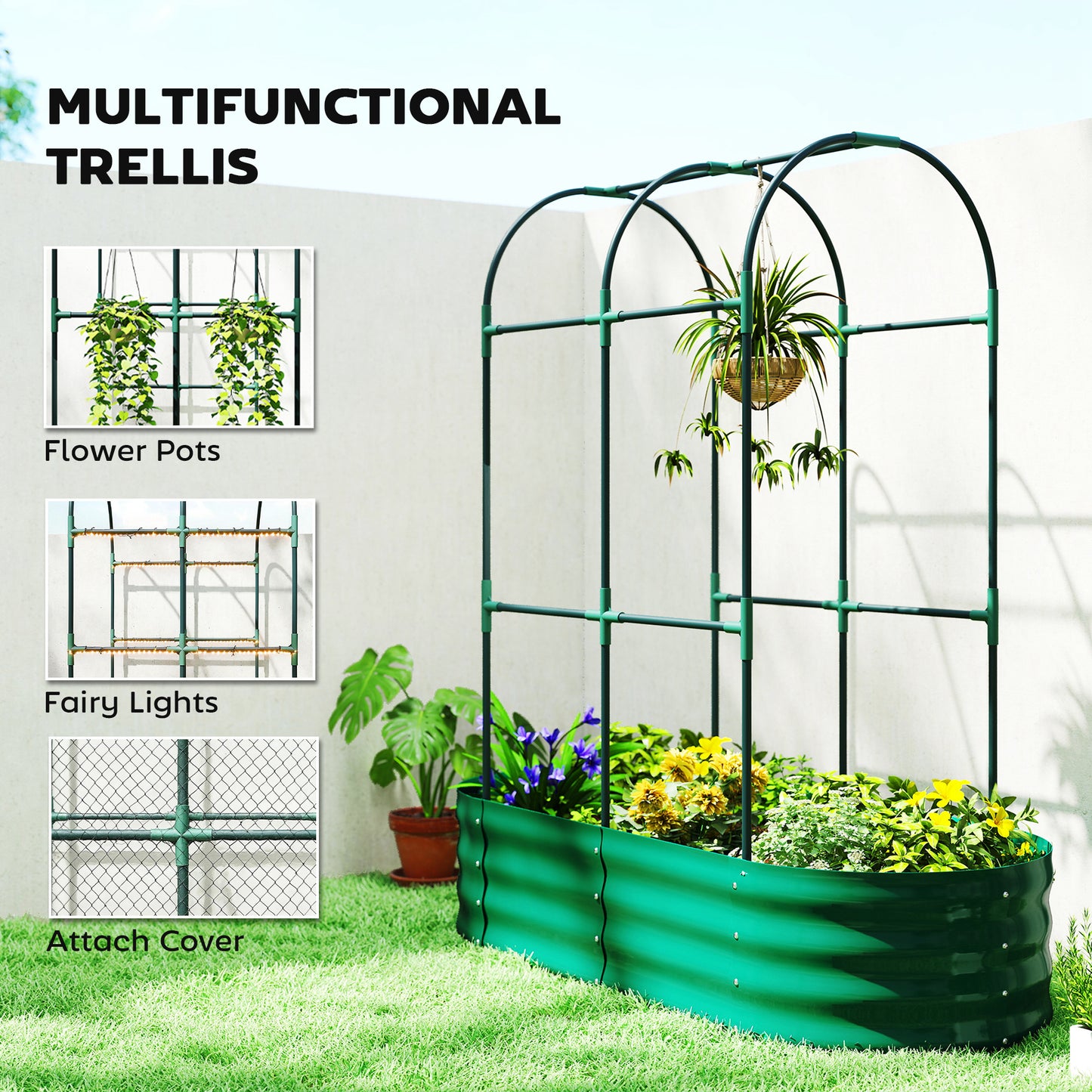 Outsunny Galvanised Raised Garden Bed With Arched Trellis, 4 X 2 X 4.6ft, Metal Raised Bed Planter, Open Bottom, Green