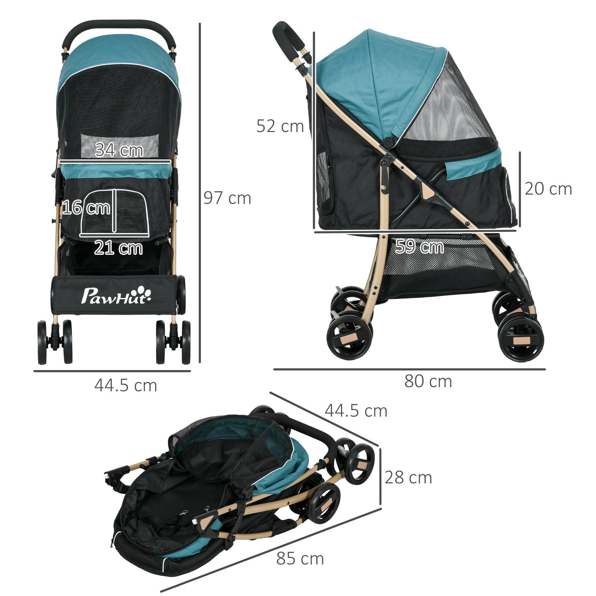 PawHut Oxfoad Pet Stroller for Small Minature Dogs with Rain Cover Dark Green - ALL4U RETAILER LTD