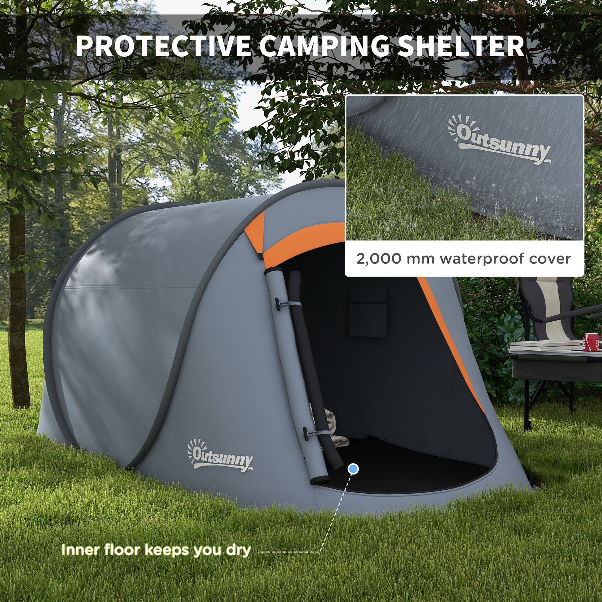 Outsunny Waterproof 2-Person Instant Pop-Up Tent with Carry Bag for Outdoor Adventures, Grey and Orange - ALL4U RETAILER LTD