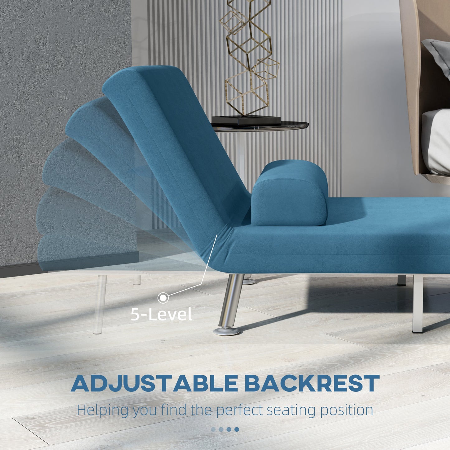 HOMCOM Velvet Feel Sleeper Chair Blue 3 In 1 Chair To Chaise Longue And Bed With Five Level Adjustable Backrest