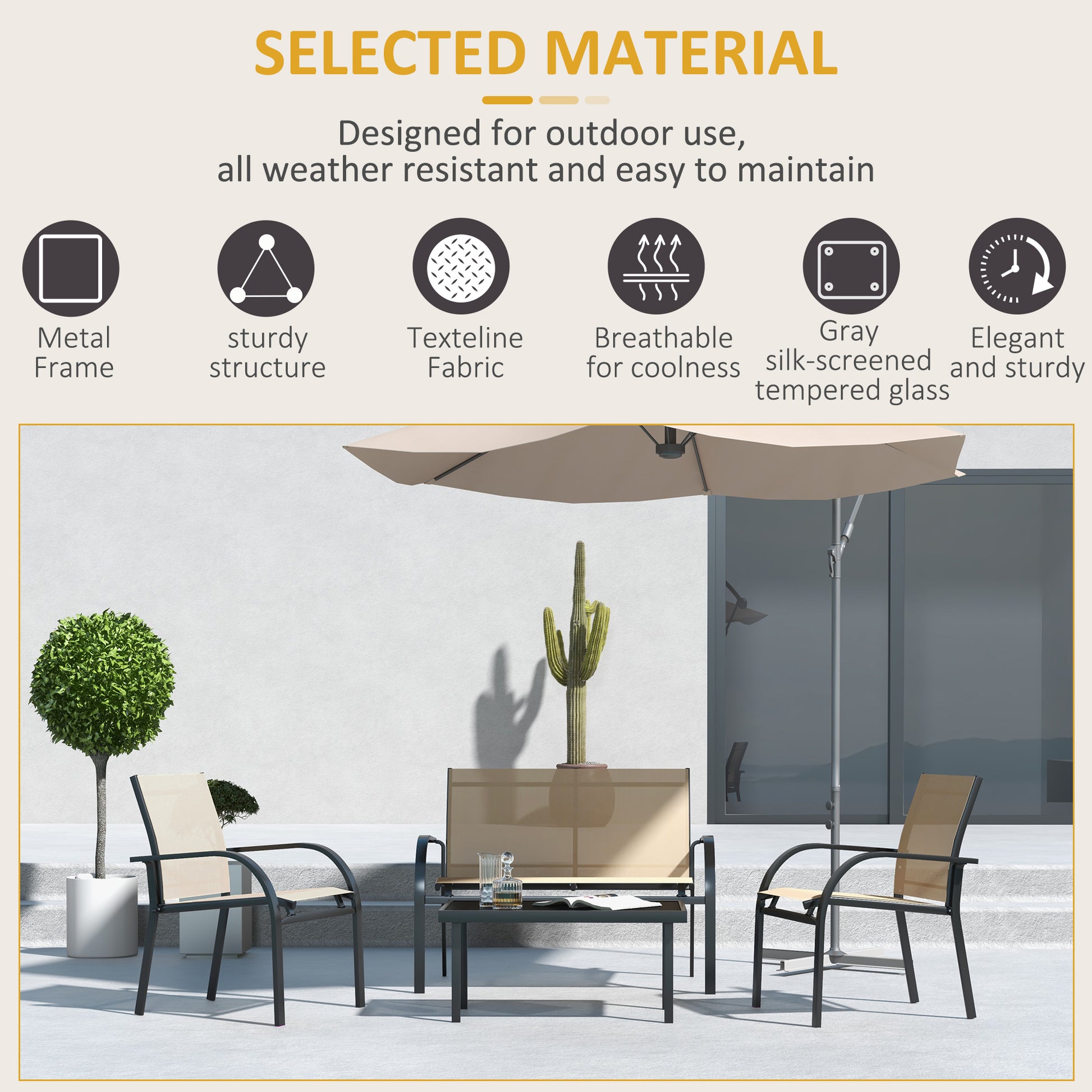 Outsunny 4-Piece Curved Steel Outdoor Lounge Set with Loveseat, 2 Texteline Chairs, and Glass Top Table for Garden and Patio - Beige - ALL4U RETAILER LTD